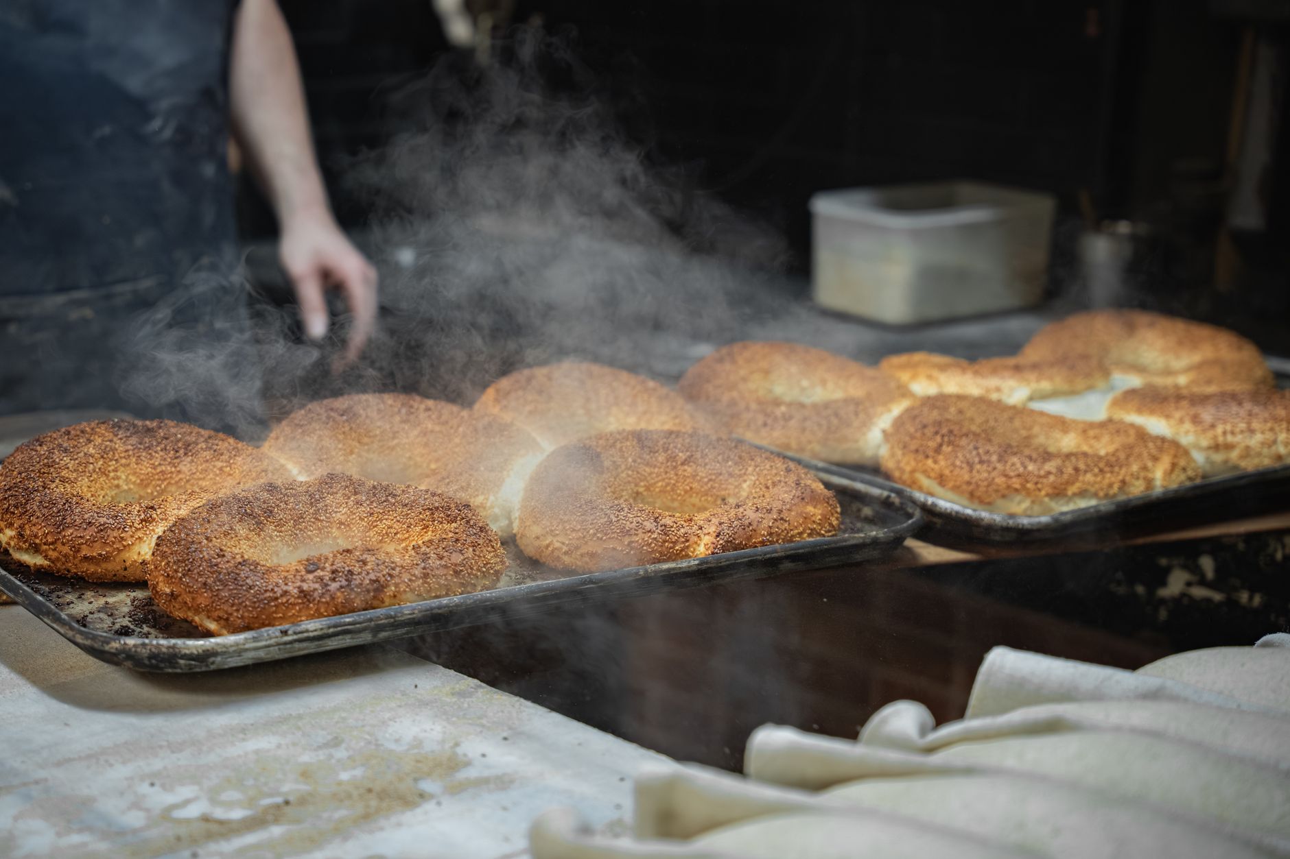 Freshly baked sesame bagels cooling on trays